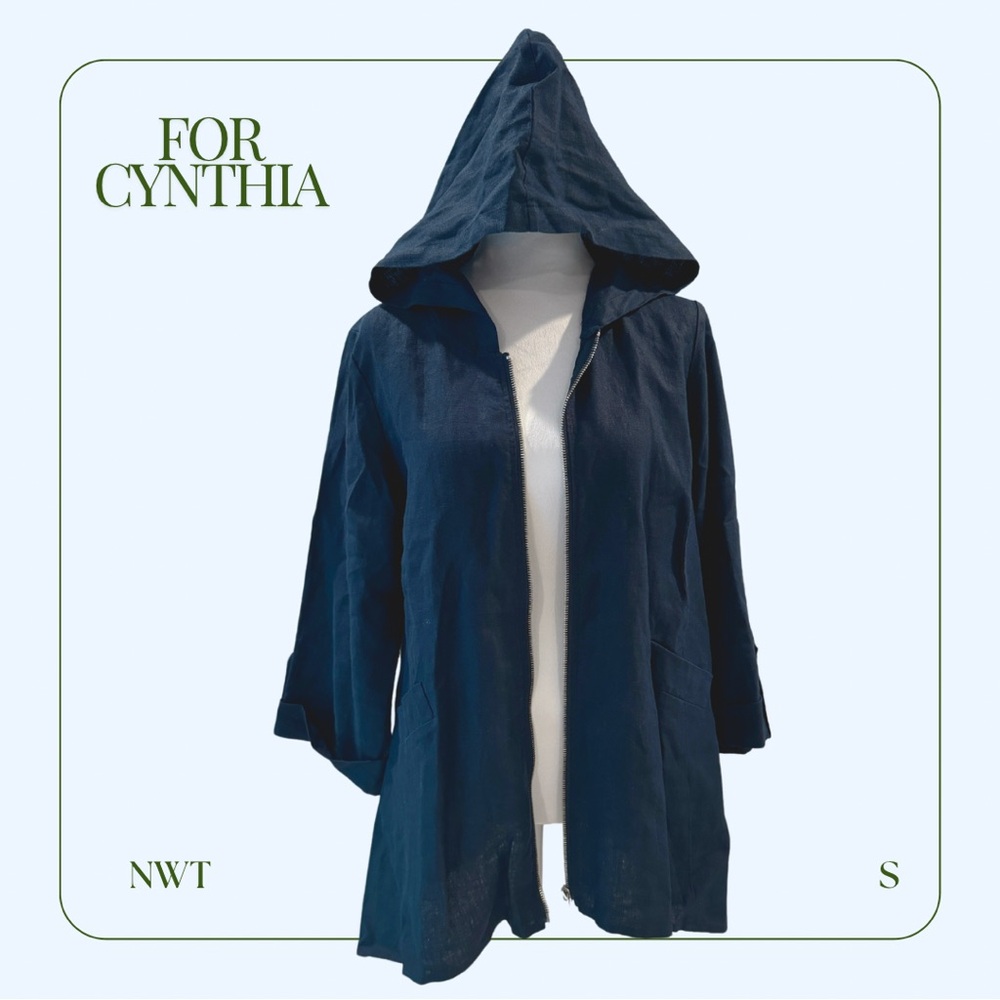 For Cynthia 100% Linen Jacket 3/4 sleeve w/ pockets, zip & hood in navy blue NWT